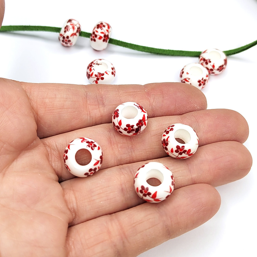 Бусина керамическая Рондель 13х8 мм, узор Гжель, штука