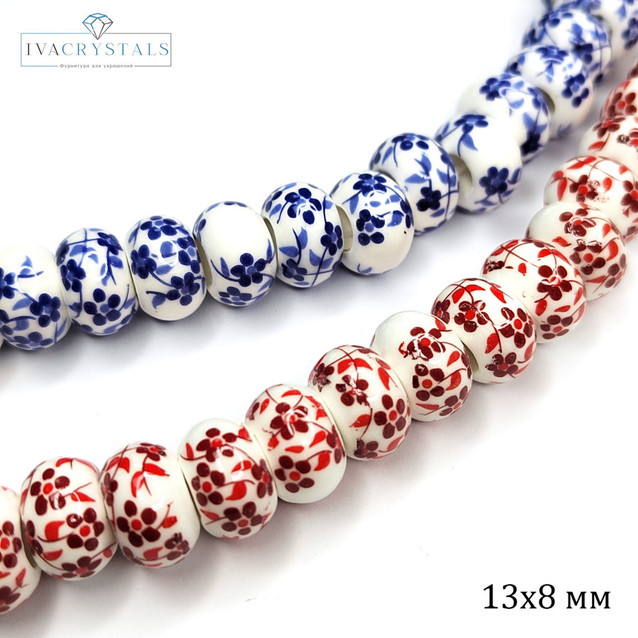 Бусина керамическая Рондель 13х8 мм, узор Гжель, штука