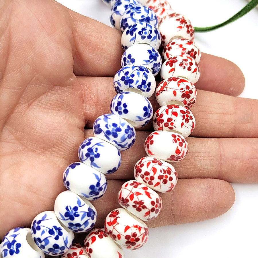 Бусина керамическая Рондель 13х8 мм, узор Гжель, штука