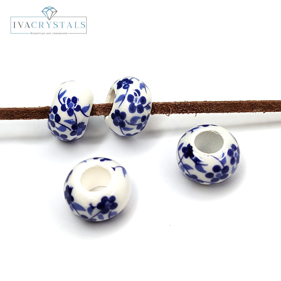 Бусина керамическая Рондель 13х8 мм, узор Гжель, штука Синяя бусина