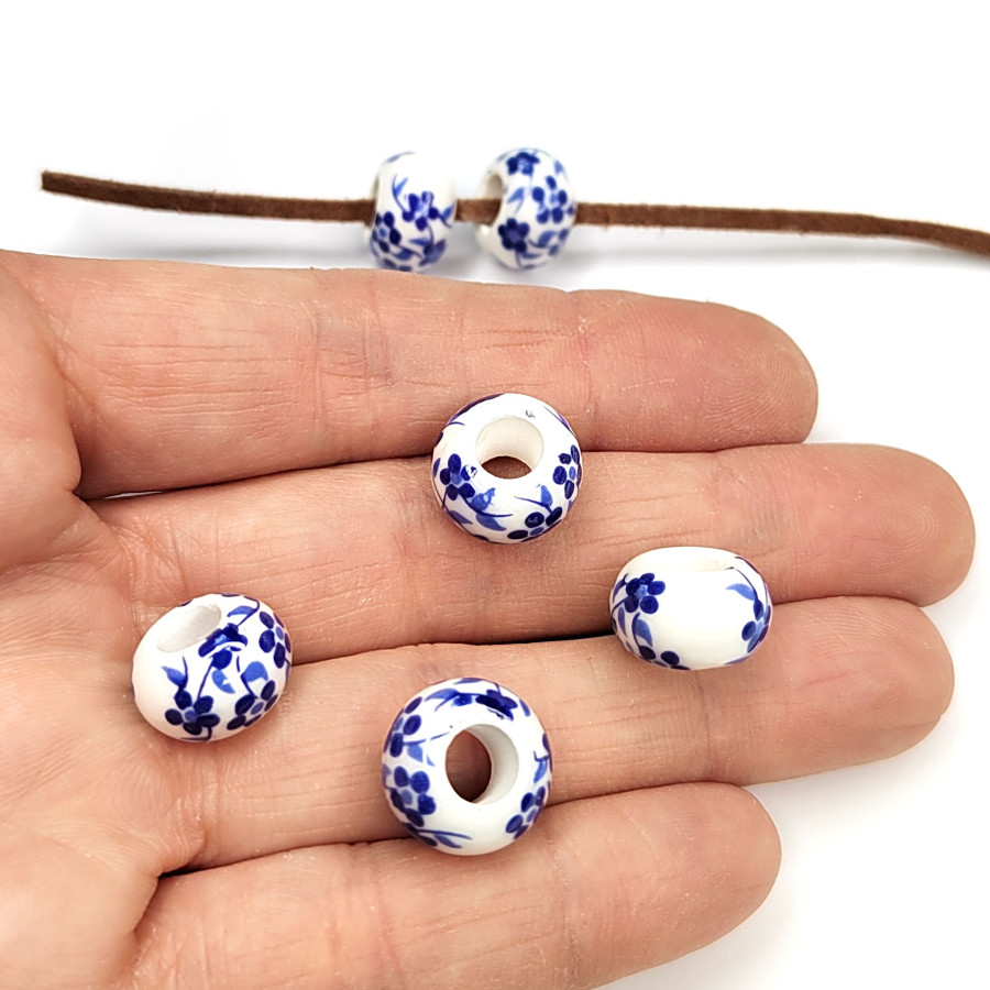 Бусина керамическая Рондель 13х8 мм, узор Гжель, штука