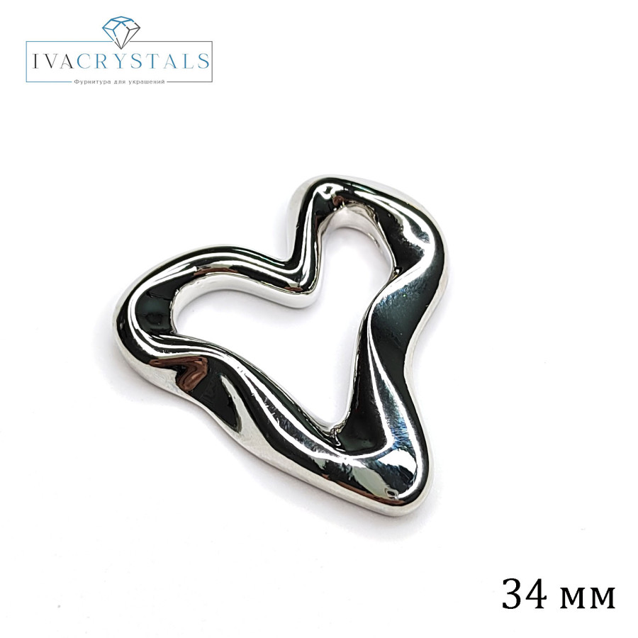 Крупный коннектор Сердце 34 мм, штука покрытие Родий