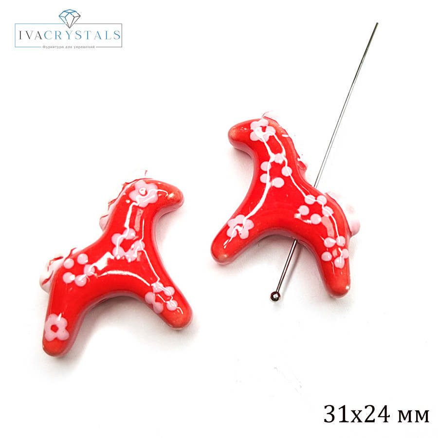 Лошадка керамическая 31х24 мм Гжель, ШТУКА Красная лошадка